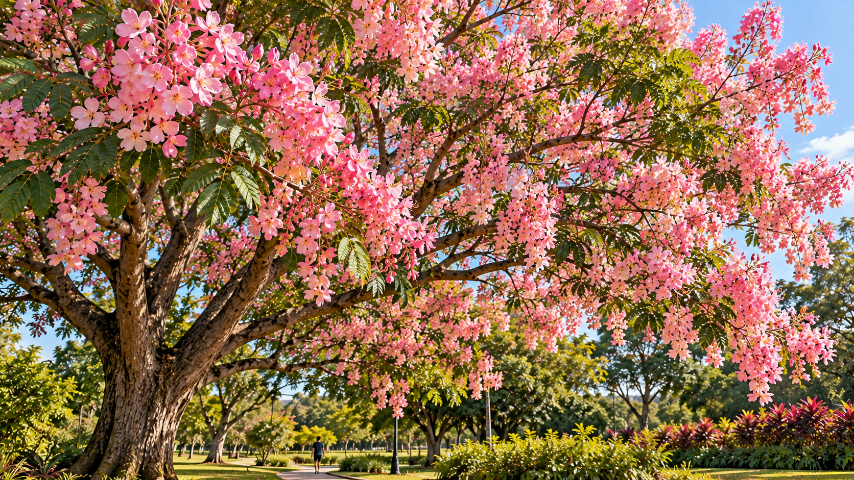 10 árvores com flores rosas para jardim: espécies e cuidados 7 Cássia-rósea Cassia grandis adulta com cachos de flores rosadas na copa