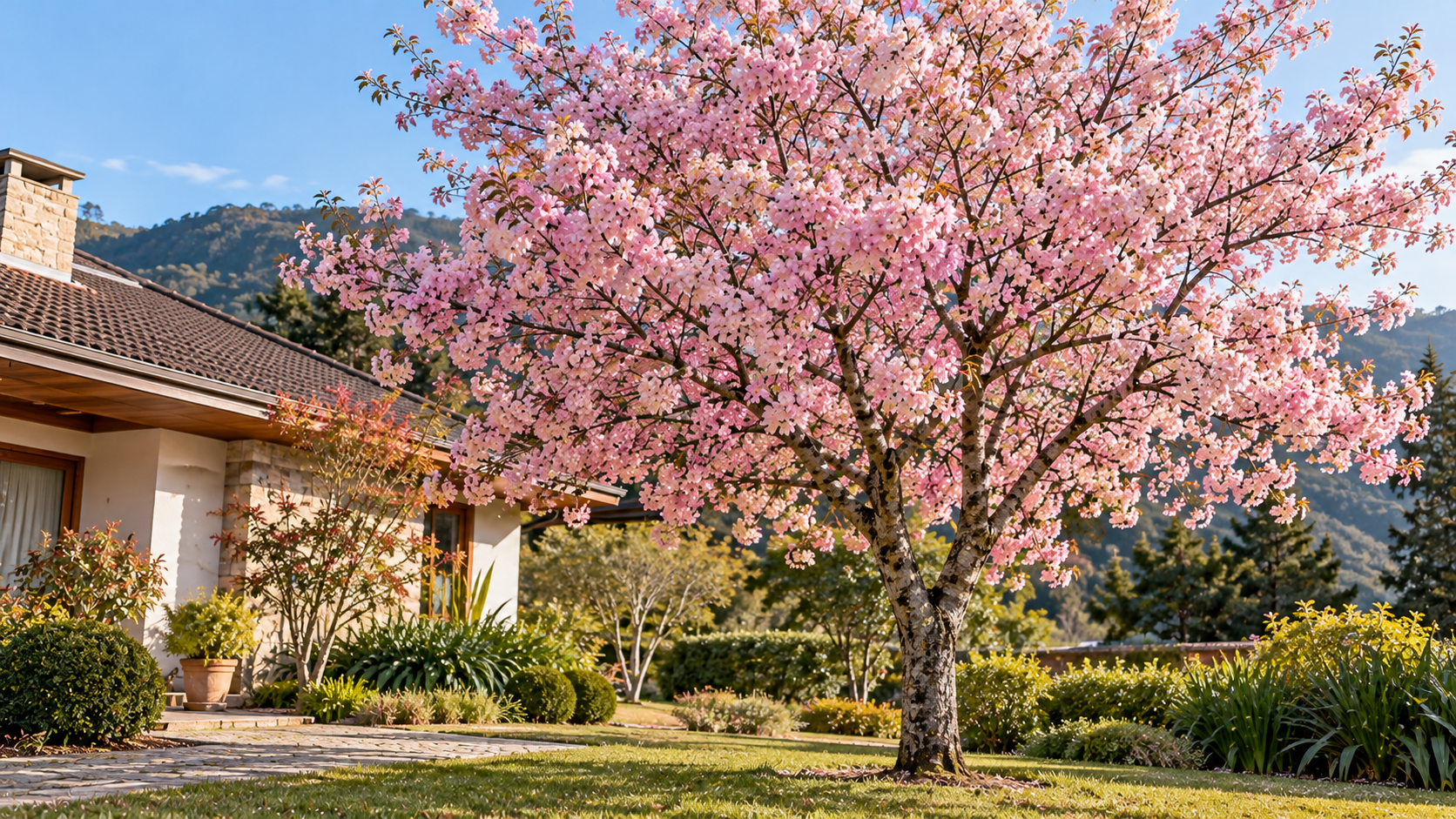 10 árvores com flores rosas para jardim: espécies e cuidados 12 Cerejeira ornamental Prunus serrulata florida em jardim de clima temperado