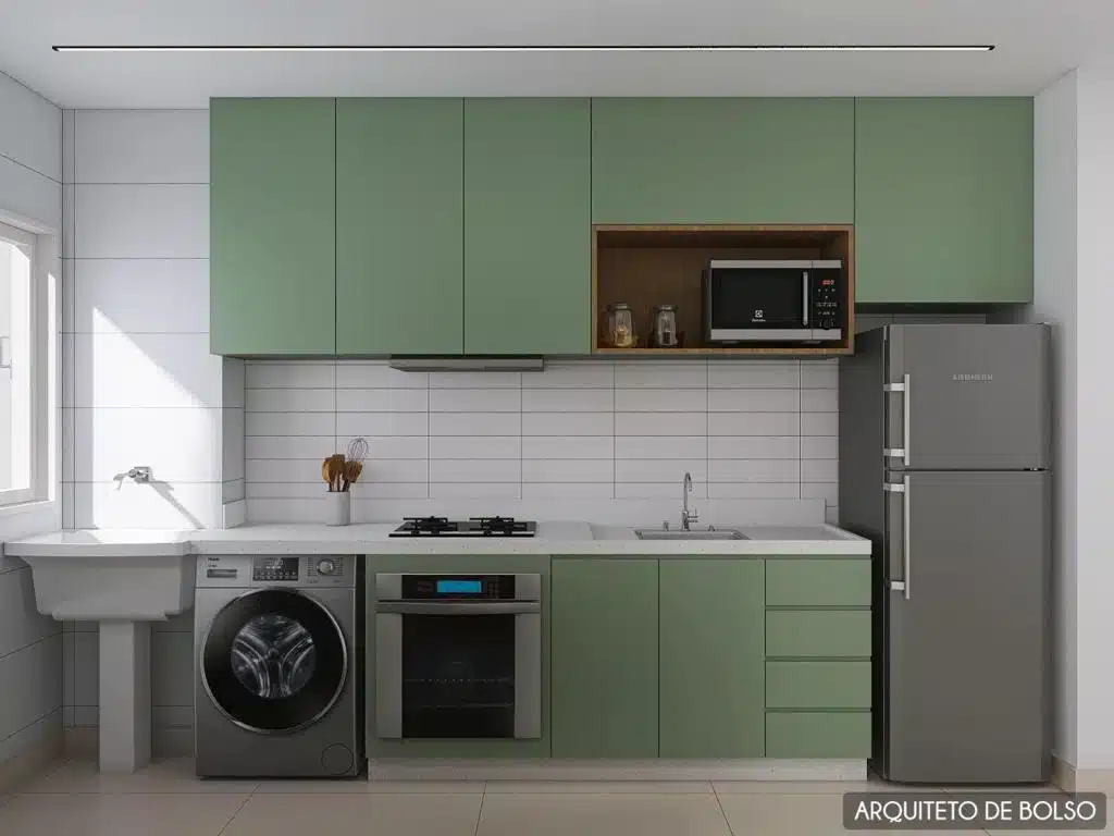 Imagem de uma cozinha americana ampla e bem decorada.