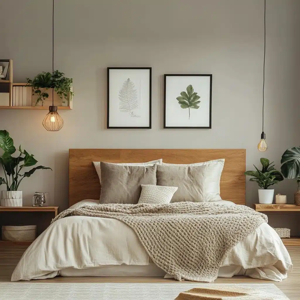Quarto aconchegante com cabeceira de madeira, roupa de cama clara, plantas e luminárias pendentes