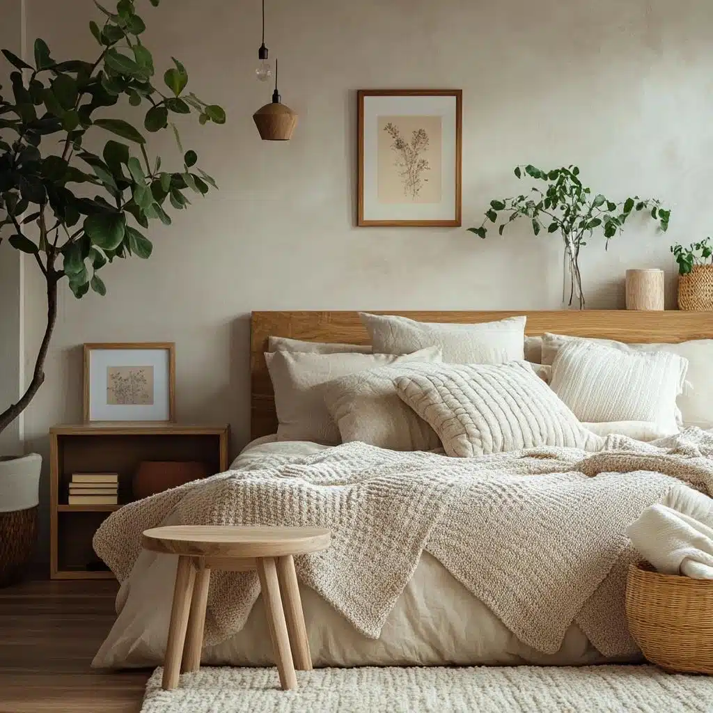 Quarto claro com cabeceira de madeira, tecidos neutros, plantas e decoração natural