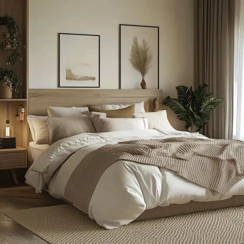 Quarto decorado em tons terrosos e neutros com composição acolhedora