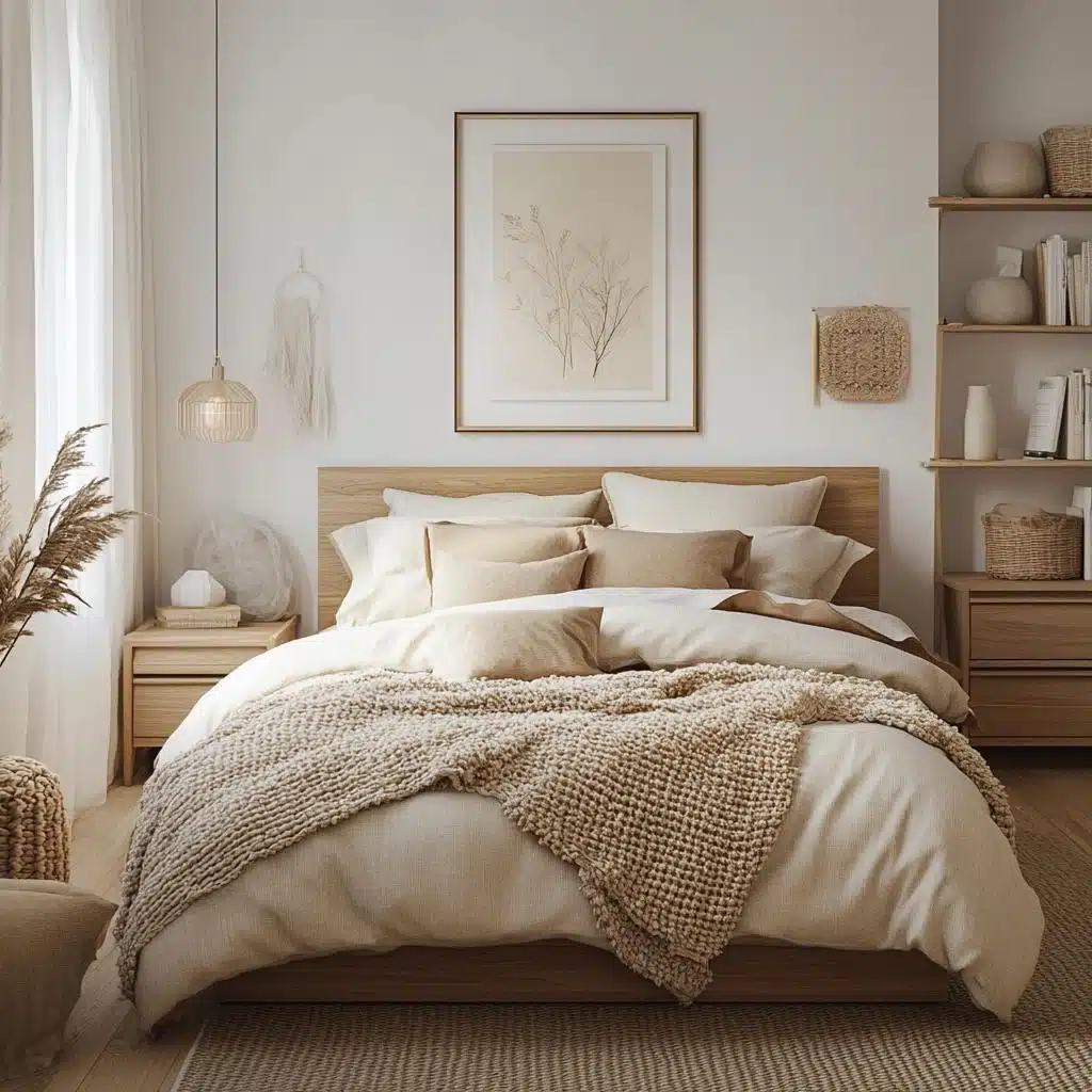 Quarto minimalista em tons claros com cabeceira de madeira, prateleiras e tecidos texturizados