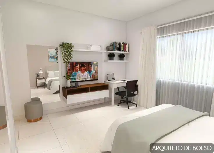 Quarto de casal bem estruturado para promover relaxamento e conforto.