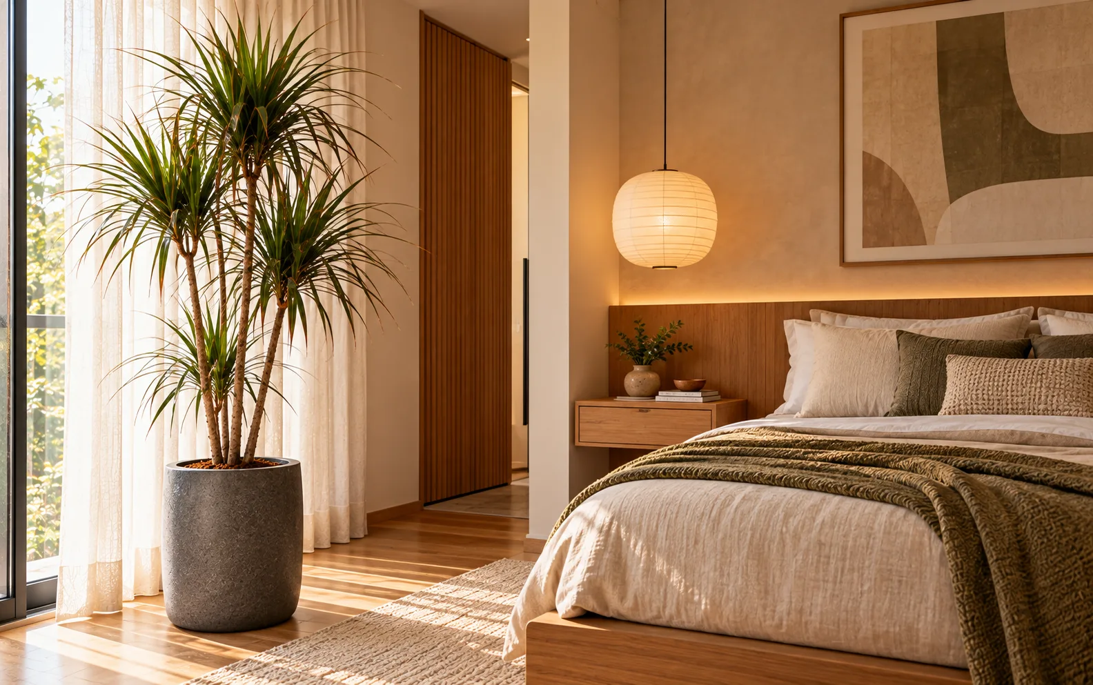 10 árvores para ambientes internos: como escolher a ideal 17 Dracena-marginata em vaso grafite dentro de quarto Japandi com cabeceira de madeira clara, roupa de cama em linho e janela iluminada.