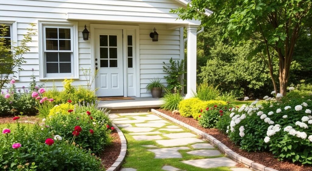 Ideias de Entrada de Casas com Jardim Simples 19 Entrada de casas com jardim simples.