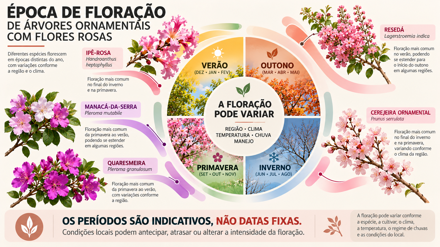 10 árvores com flores rosas para jardim: espécies e cuidados 16 Calendário ilustrativo da floração de árvores com flores rosas ao longo das estações