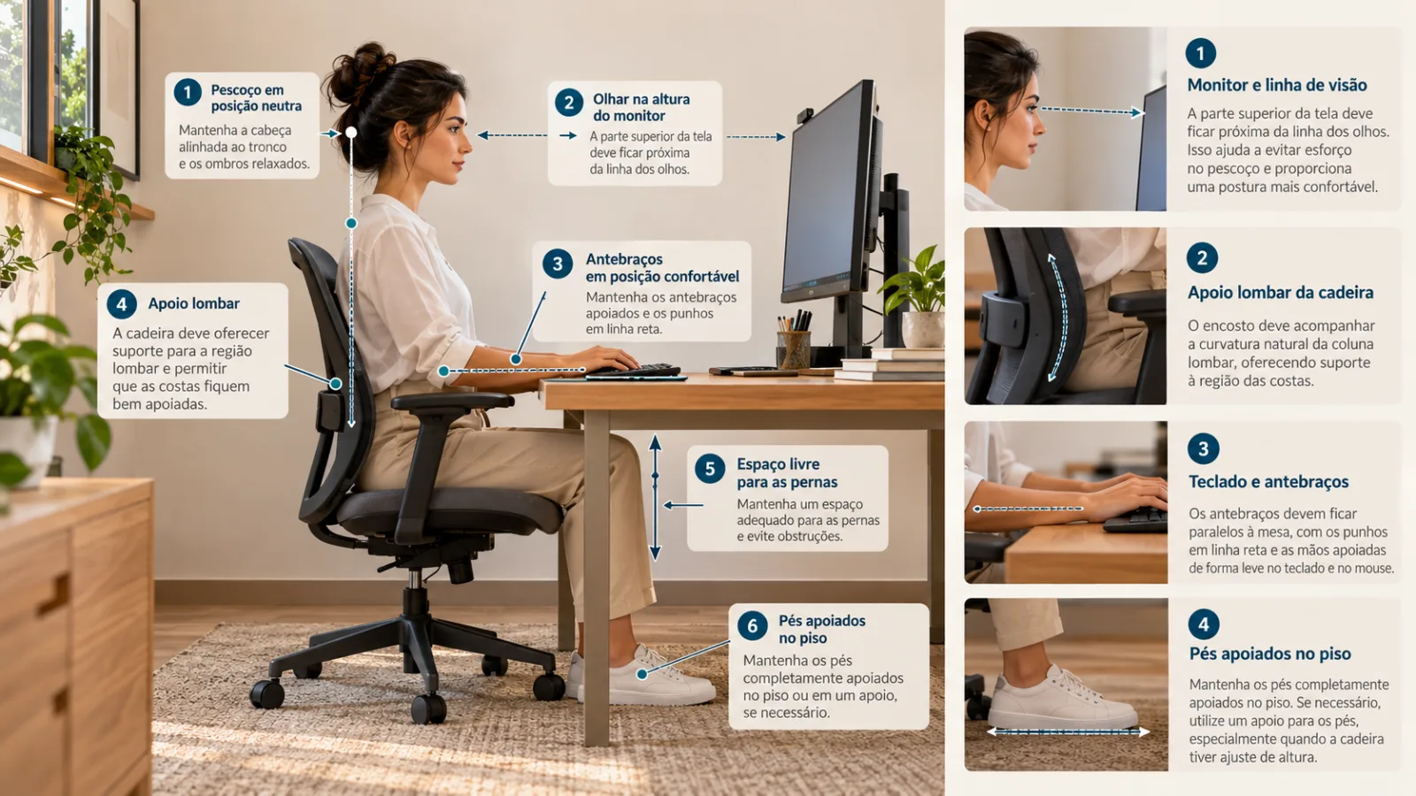 Home office: como montar um espaço confortável e funcional 6 Infográfico de ergonomia para home office mostrando posição do monitor, apoio lombar, braços relaxados e pés apoiados durante o trabalho sentado.