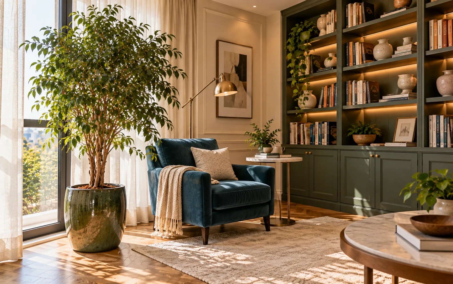 10 árvores para ambientes internos: como escolher a ideal 16 Ficus-benjamina em vaso dentro de sala de leitura com biblioteca verde-escura, poltrona azul-petróleo e piso de madeira em espinha de peixe.