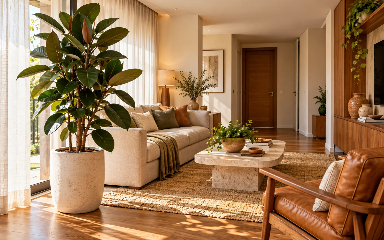 10 árvores para ambientes internos: como escolher a ideal 11 Ficus-elástica em vaso de cerâmica na sala de estar contemporânea, próximo a uma janela com luz natural indireta.