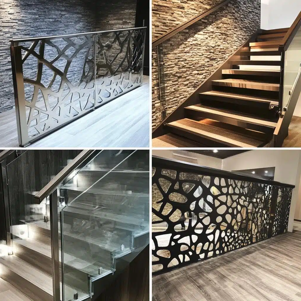 Diferentes materiais e desenhos de guarda-corpo Montagem com guarda-corpos de vidro, metal e painéis metálicos ornamentais