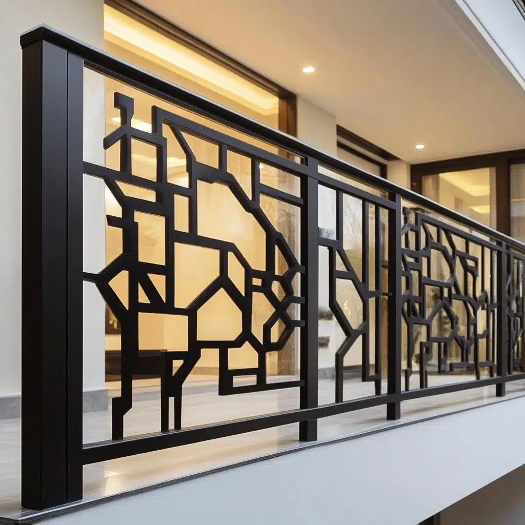 Guarda-corpo metálico com desenho geométrico Guarda-corpo metálico preto com desenho geométrico em varanda residencial