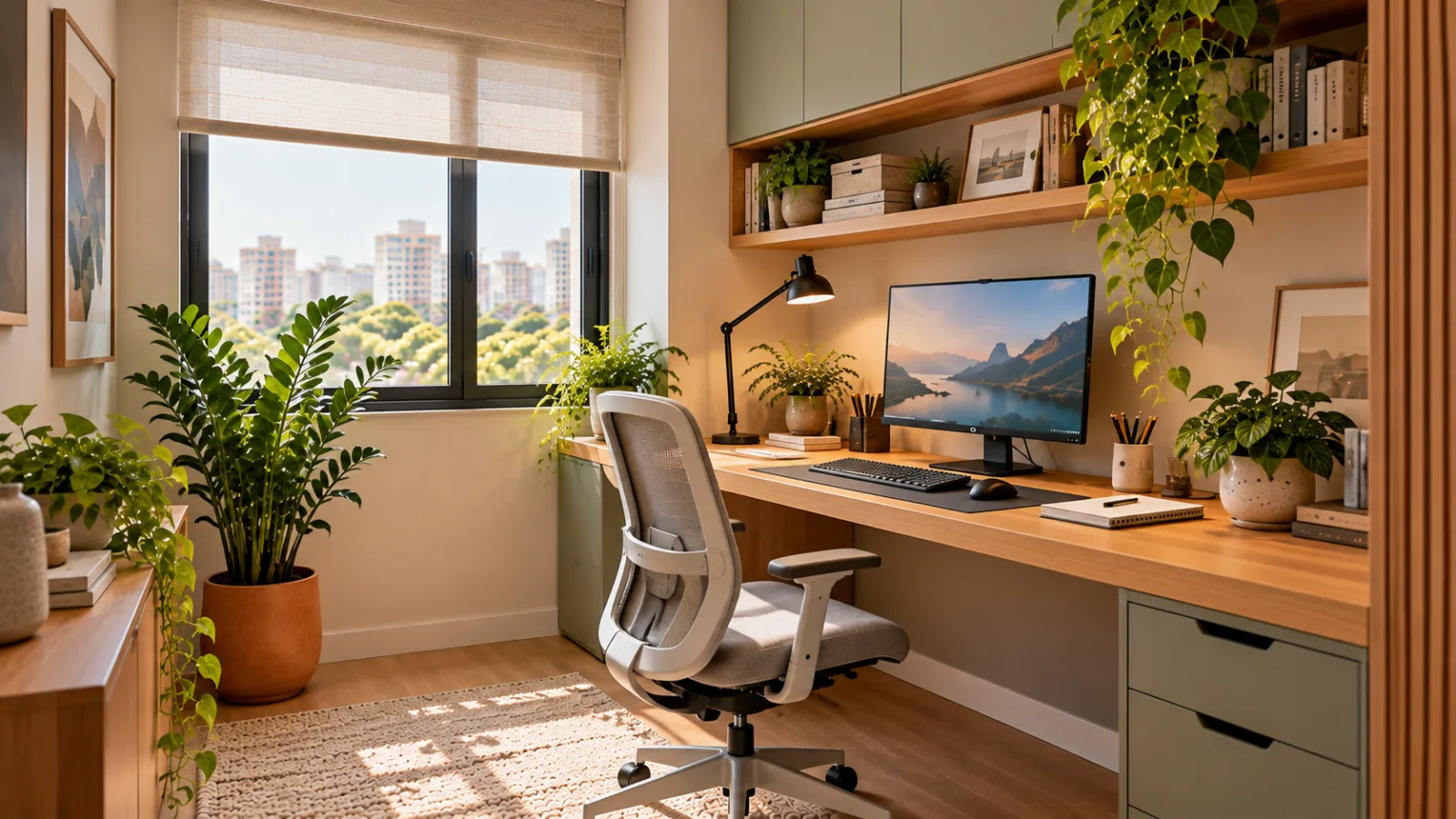Home office: como montar um espaço confortável e funcional 10 Home office com plantas naturais, bancada de madeira, cadeira ergonômica, jiboia em prateleira, zamioculca no piso e peperômia sobre a mesa.