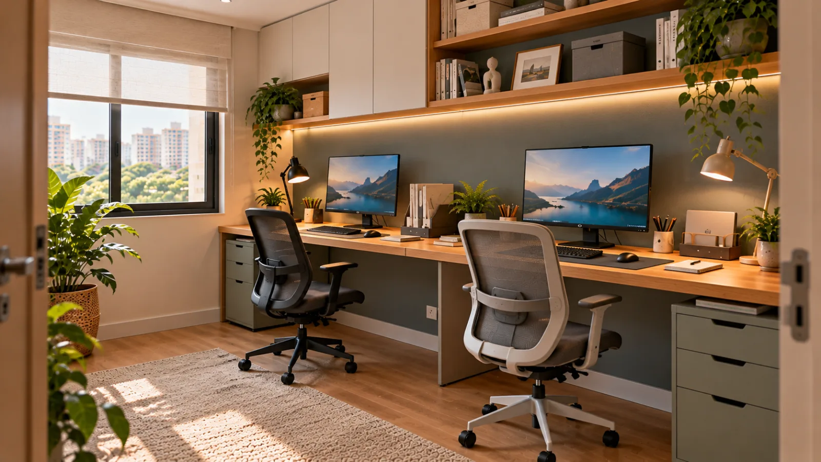 Home office: como montar um espaço confortável e funcional 16 Home office compartilhado para duas pessoas, com bancada dupla de madeira, duas cadeiras ergonômicas, monitores independentes e armários superiores.