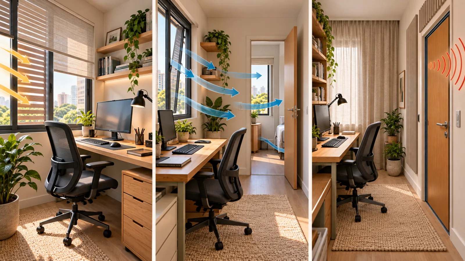 Home office: como montar um espaço confortável e funcional 13 Infográfico de home office mostrando três soluções de conforto ambiental: controle solar na janela, ventilação por aberturas e medidas para melhorar as condições acústicas.