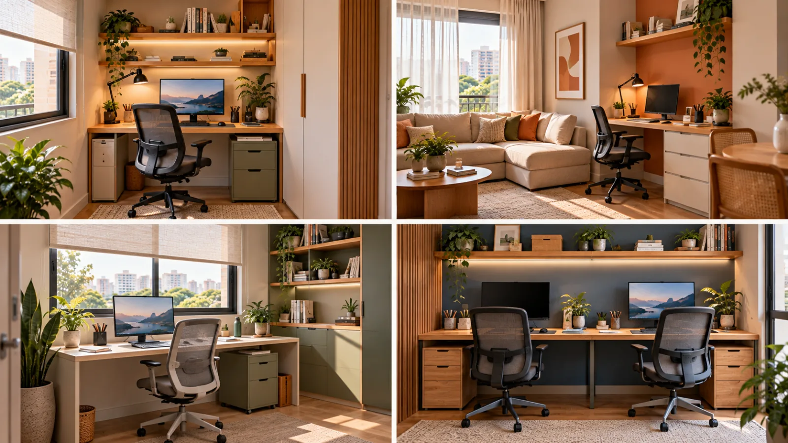 Home office: como montar um espaço confortável e funcional 14 Comparação de quatro modelos de home office: escritório compacto, estação integrada à sala, bancada sob a janela e espaço compartilhado para duas pessoas.