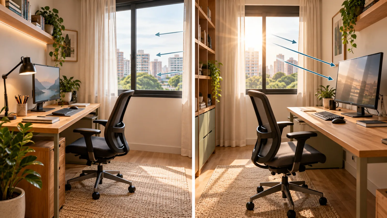 Home office: como montar um espaço confortável e funcional 7 Comparação de home office com iluminação natural lateral controlada e mesa posicionada com janela atrás do usuário, provocando reflexos no monitor.
