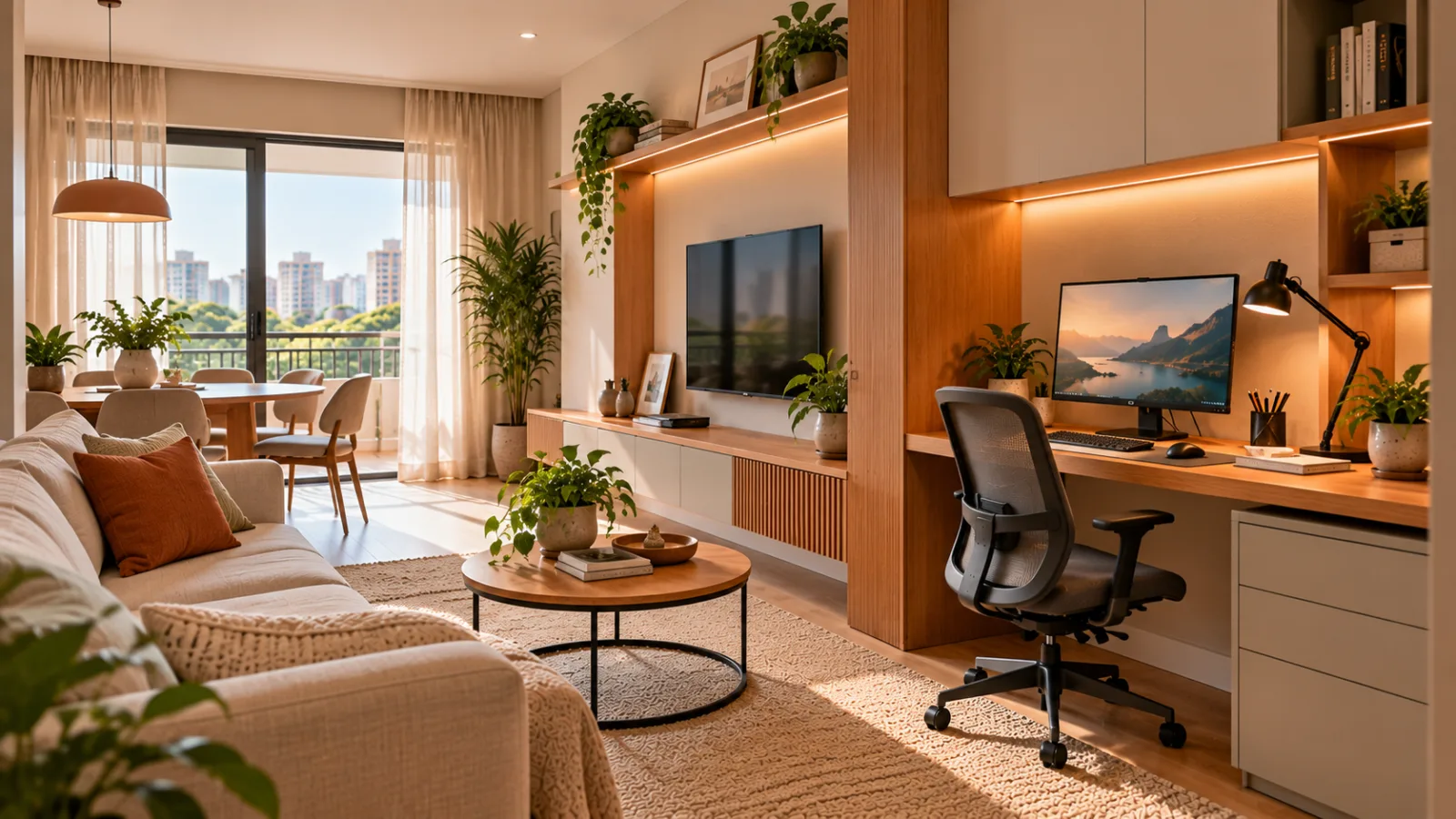 Home office: como montar um espaço confortável e funcional 3 Home office integrado à sala de estar de apartamento, com bancada de madeira, cadeira ergonômica e marcenaria discreta ao lado do sofá.