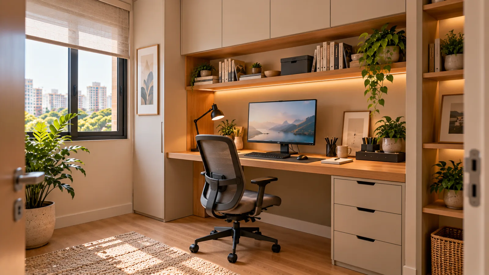Home office: como montar um espaço confortável e funcional 12 Home office com móveis planejados em nicho residencial, bancada de carvalho, armários superiores off-white e cadeira ergonômica.