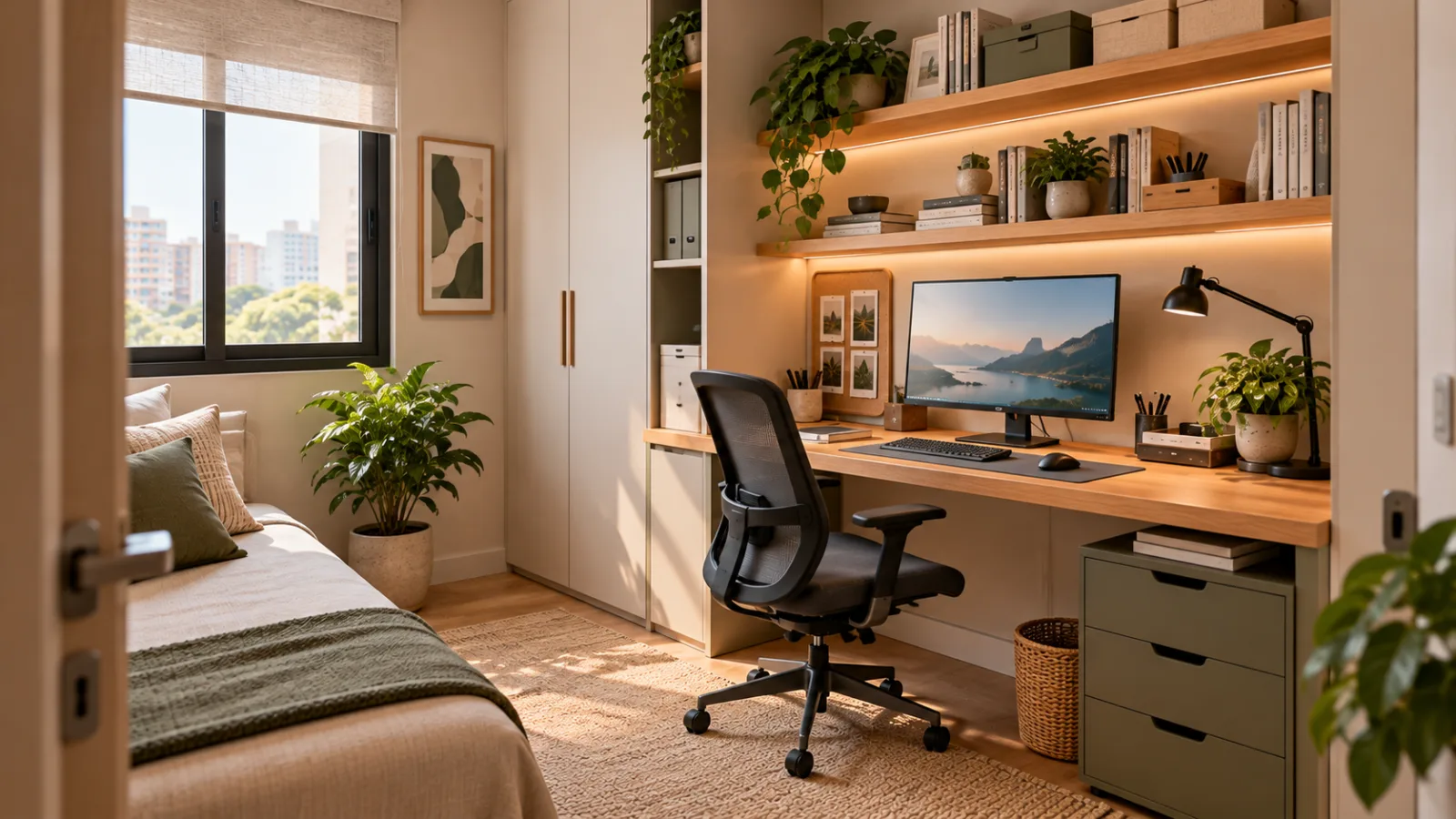 Home office: como montar um espaço confortável e funcional 8 Home office pequeno e organizado com bancada de madeira, cadeira ergonômica, prateleiras, armário lateral e circulação livre.