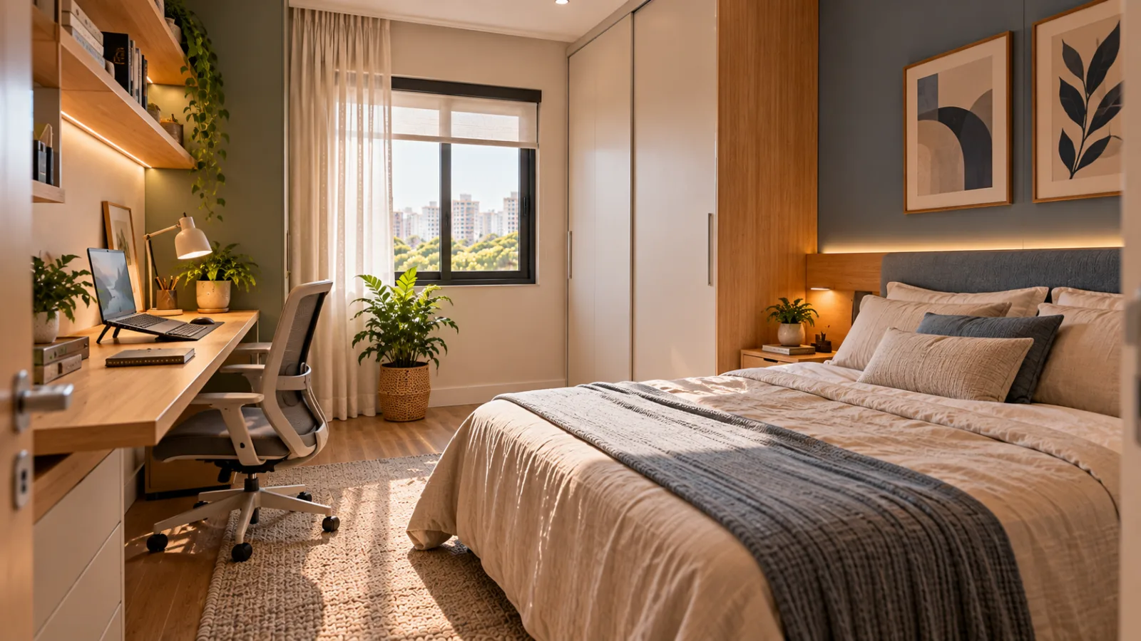 Home office: como montar um espaço confortável e funcional 4 Home office no quarto de casal pequeno, com bancada de madeira clara, cadeira ergonômica e área de trabalho separada visualmente da cama.