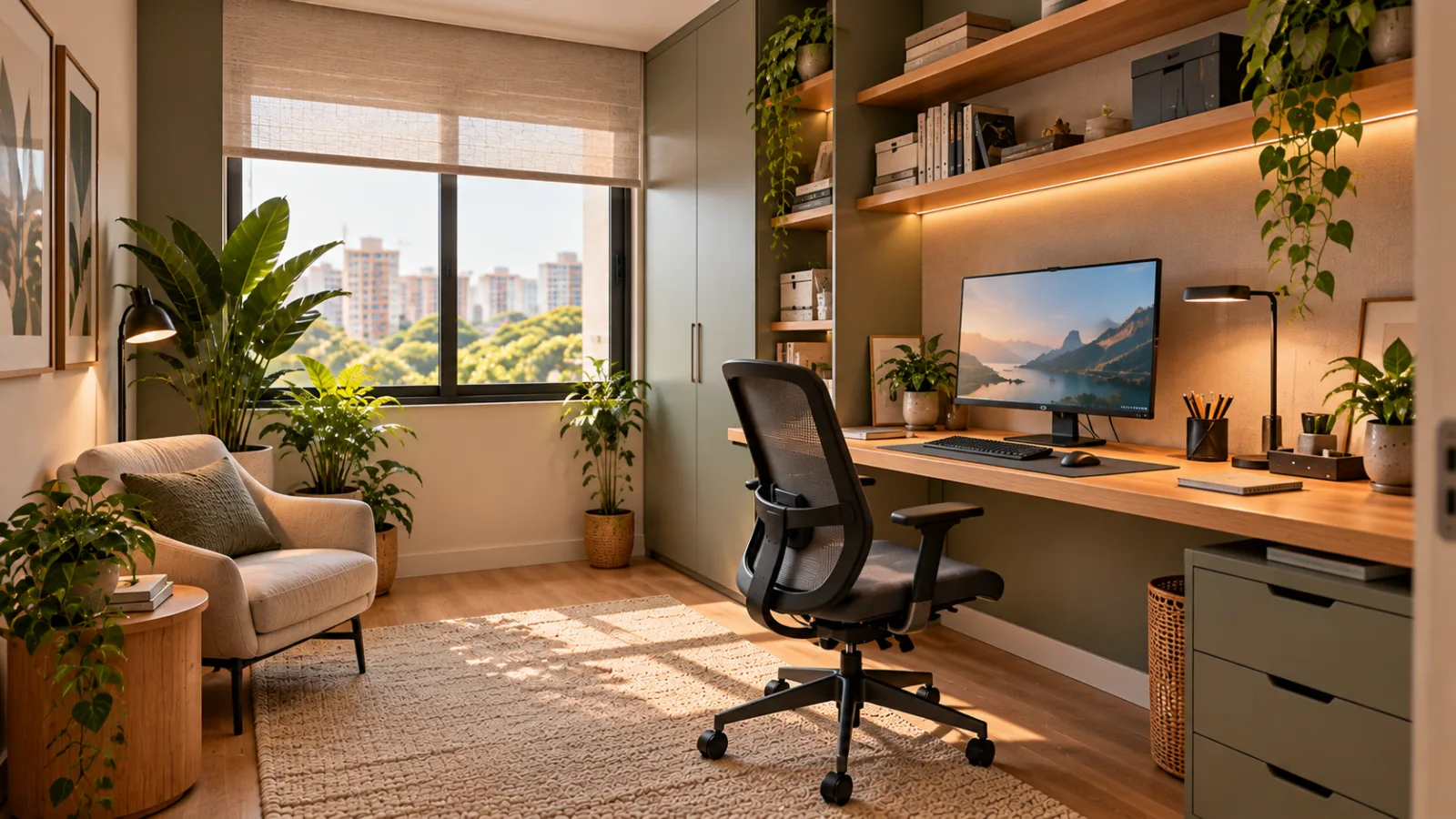 Home office: como montar um espaço confortável e funcional 2 Home office em quarto exclusivo com mesa de madeira clara, cadeira ergonômica, armários off-white e parede verde-sálvia.