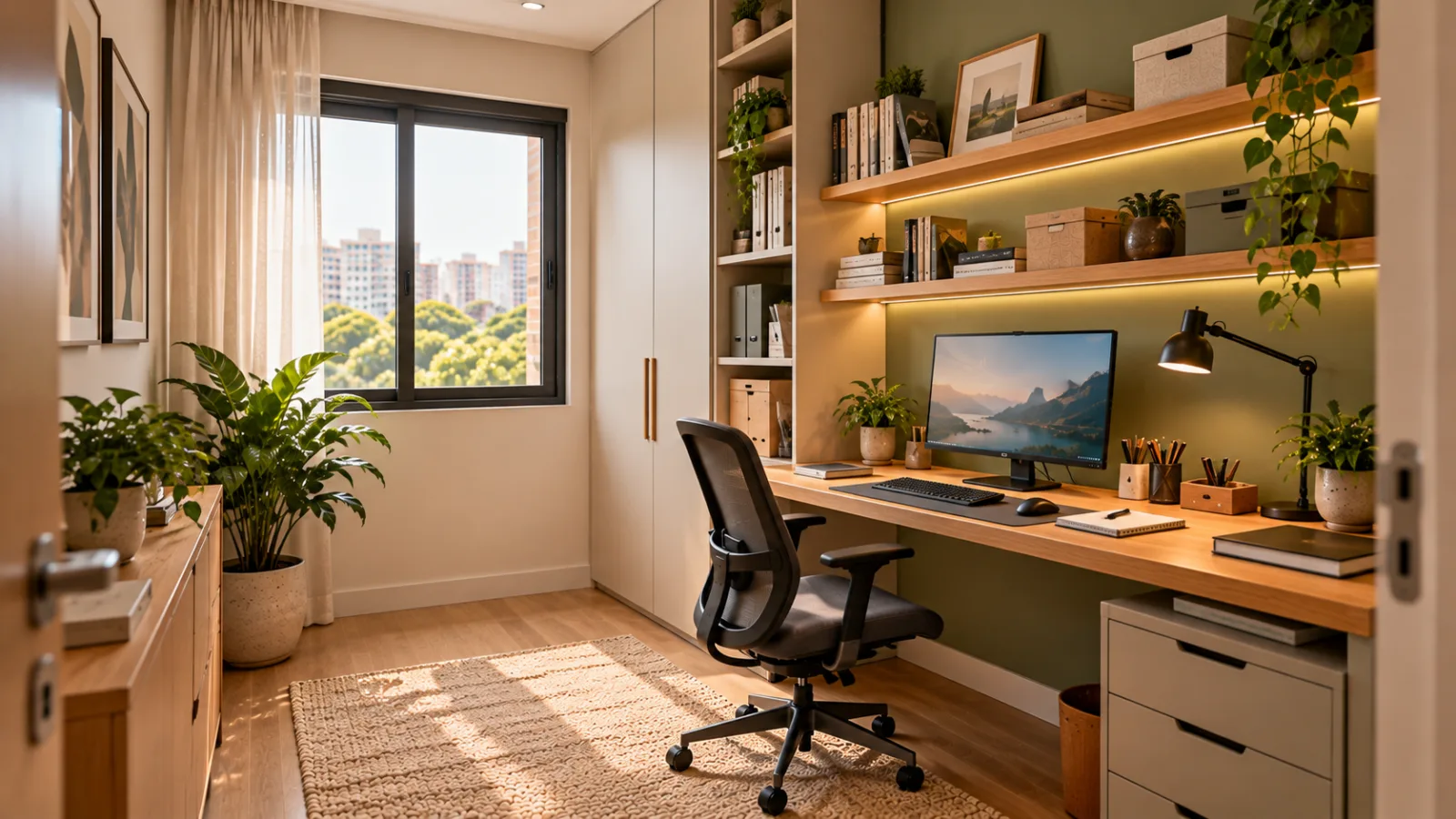 Home office: como montar um espaço confortável e funcional 1 Home office em quarto exclusivo com mesa de madeira clara, cadeira ergonômica, armários off-white e parede verde-sálvia.