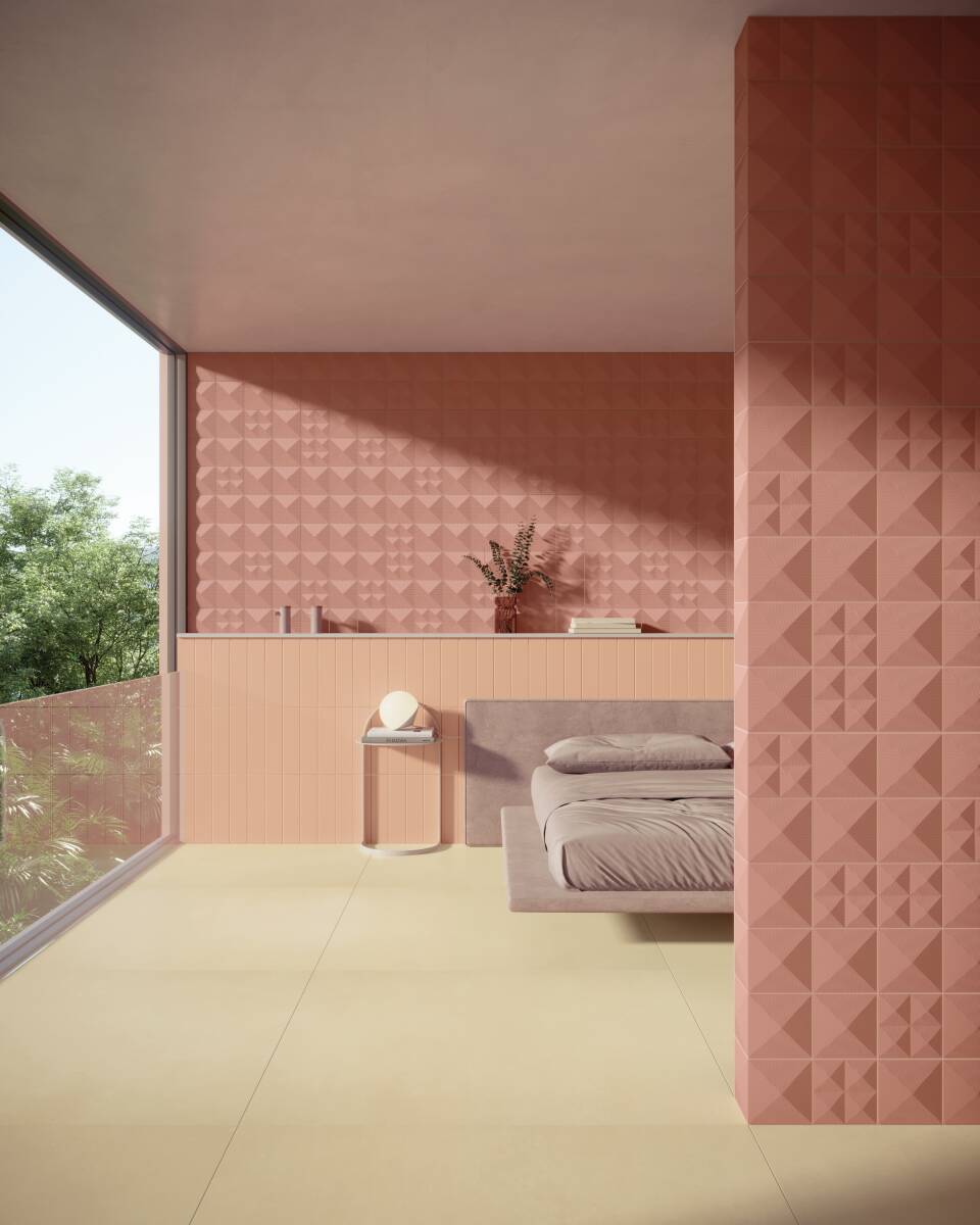 Descubra 6 Revestimentos Cor Pêssego que Estão em Alta e Transforme Seu Espaço! 10 Quarto de casal amplo com revestimentos rosados e 3D nas paredes