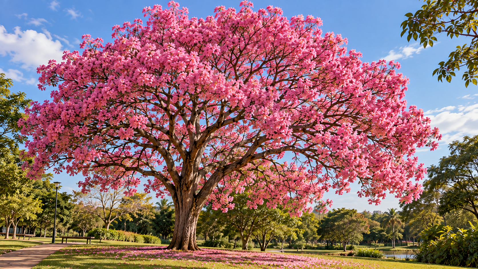 10 árvores com flores rosas para jardim: espécies e cuidados 3 Ipê-rosa Handroanthus heptaphyllus adulto com copa florida em área verde