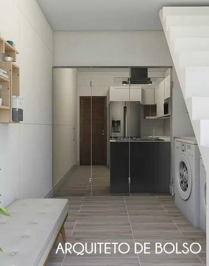 Decoração de Lavanderias Pequenas: Dicas para um Ambiente Funcional 7 Foto de uma lavanderia pequena iluminada e decorada com cores claras.