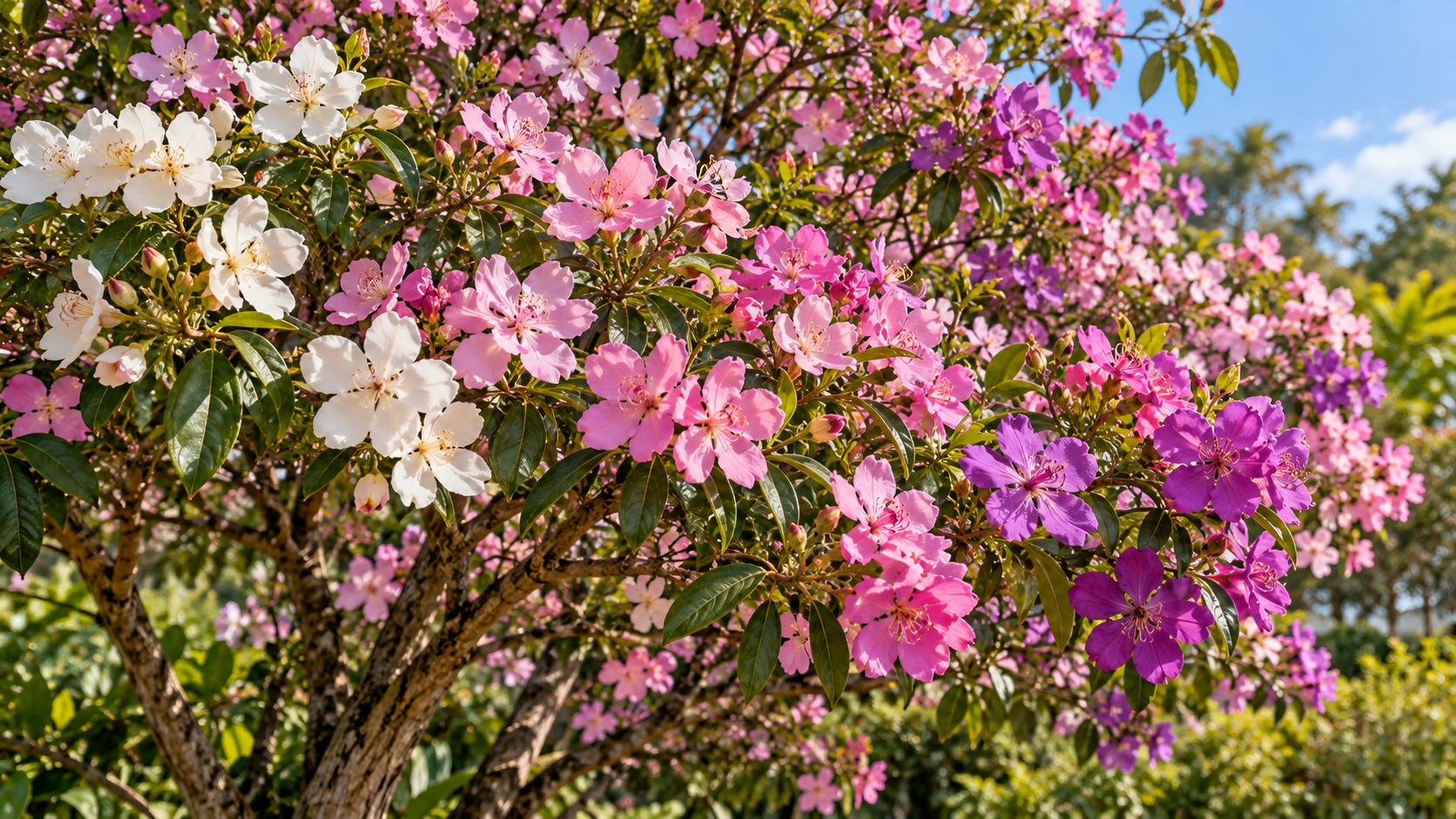 10 árvores com flores rosas para jardim: espécies e cuidados 5 Paineira-rosa Ceiba speciosa adulta florida com tronco e copa visíveis em área verde