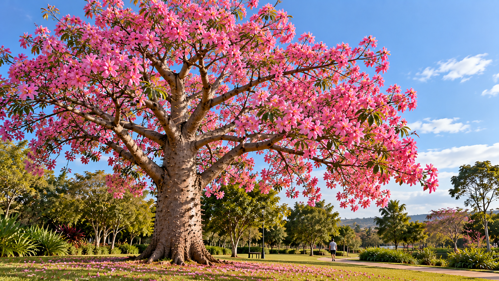 10 árvores com flores rosas para jardim: espécies e cuidados 4 Paineira-rosa Ceiba speciosa adulta florida com tronco e copa visíveis em área verde