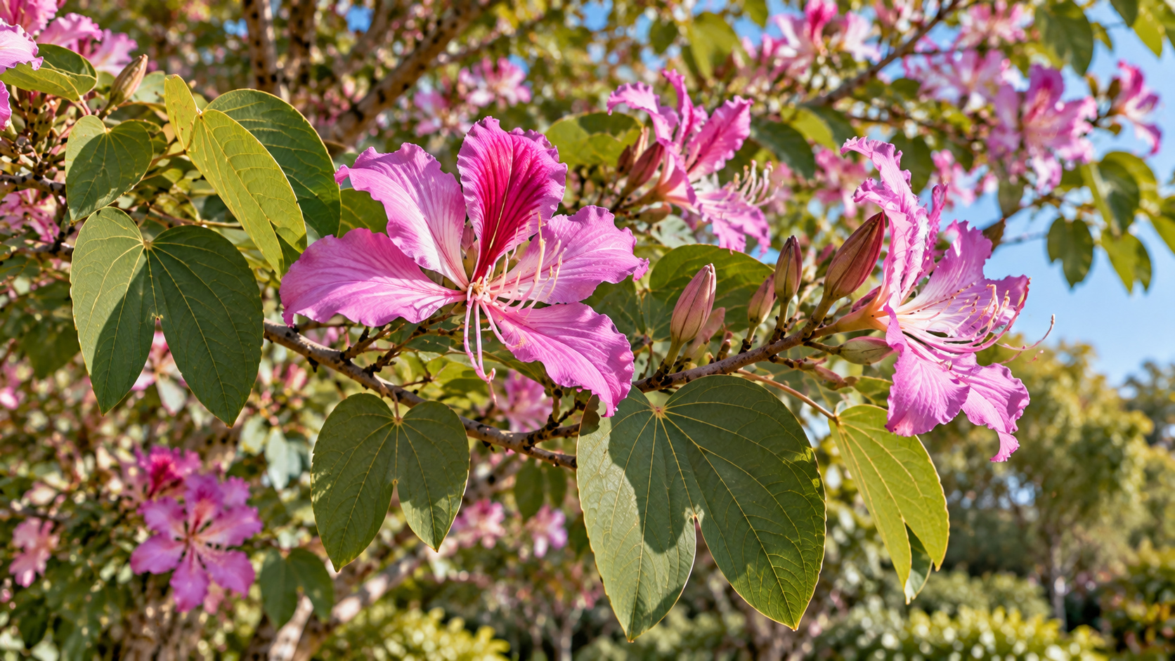 10 árvores com flores rosas para jardim: espécies e cuidados 11 Flor rosa e folha bilobada da pata-de-vaca Bauhinia variegata
