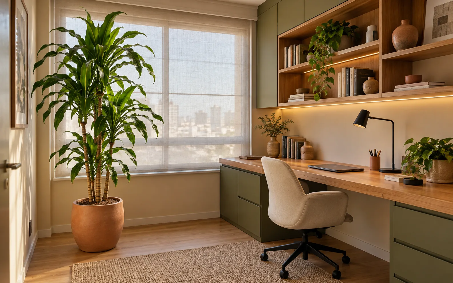 10 árvores para ambientes internos: como escolher a ideal 13 Pau-d'água em vaso de cerâmica dentro de home office brasileiro com bancada de freijó, armários verde-oliva e luz natural indireta.