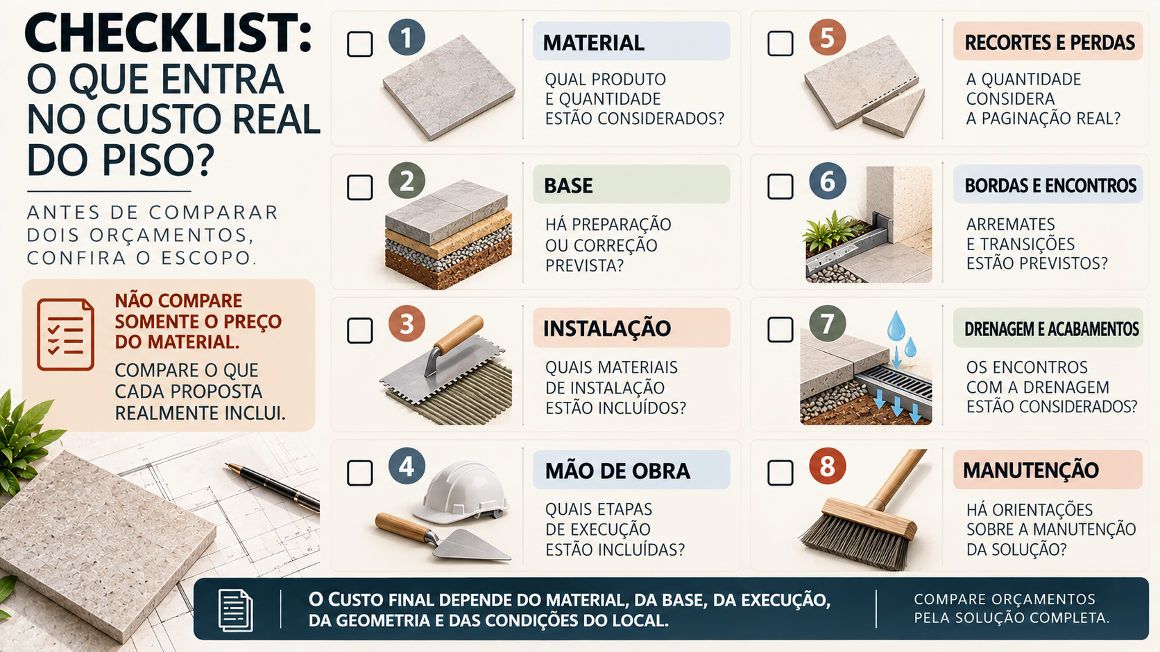 Checklist visual dos itens que devem ser considerados ao comparar o custo de um piso para área externa