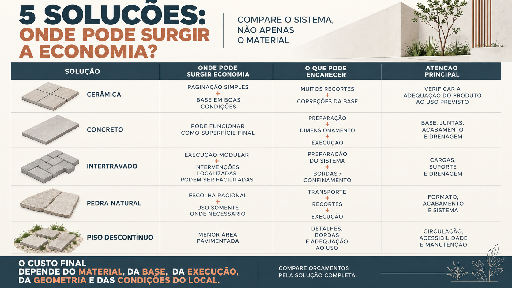 Tabela visual comparando cinco soluções de piso para área externa e fatores que podem reduzir ou aumentar o custo
