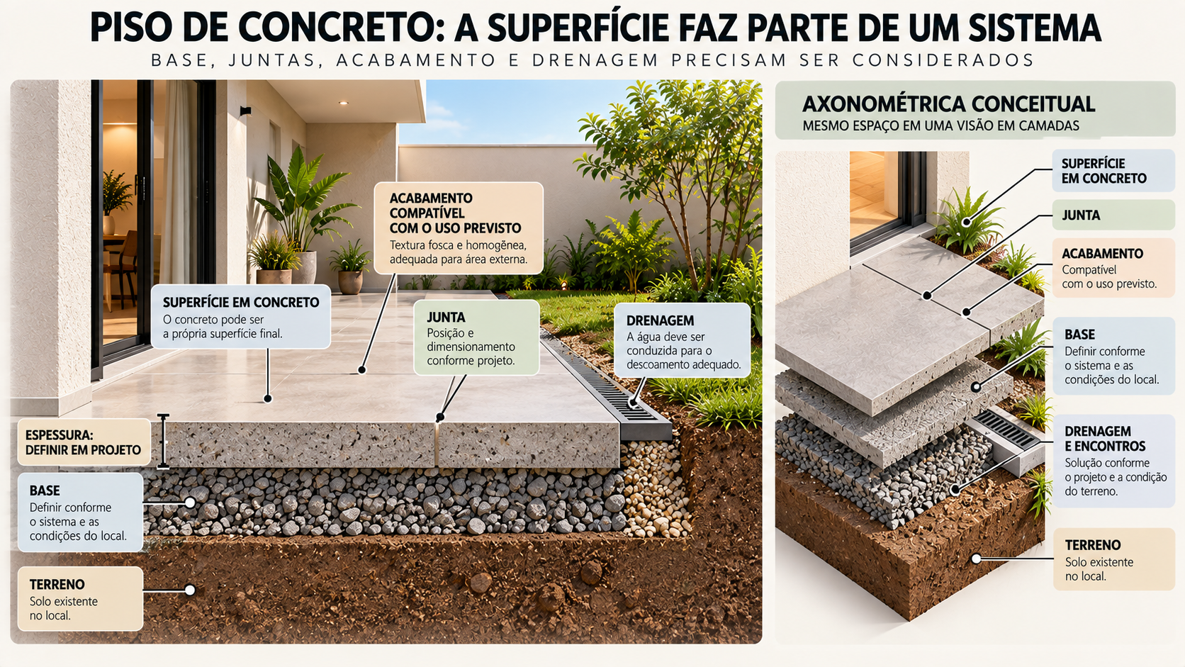 Corte técnico conceitual de piso de concreto em área externa mostrando superfície, base, terreno, junta e drenagem