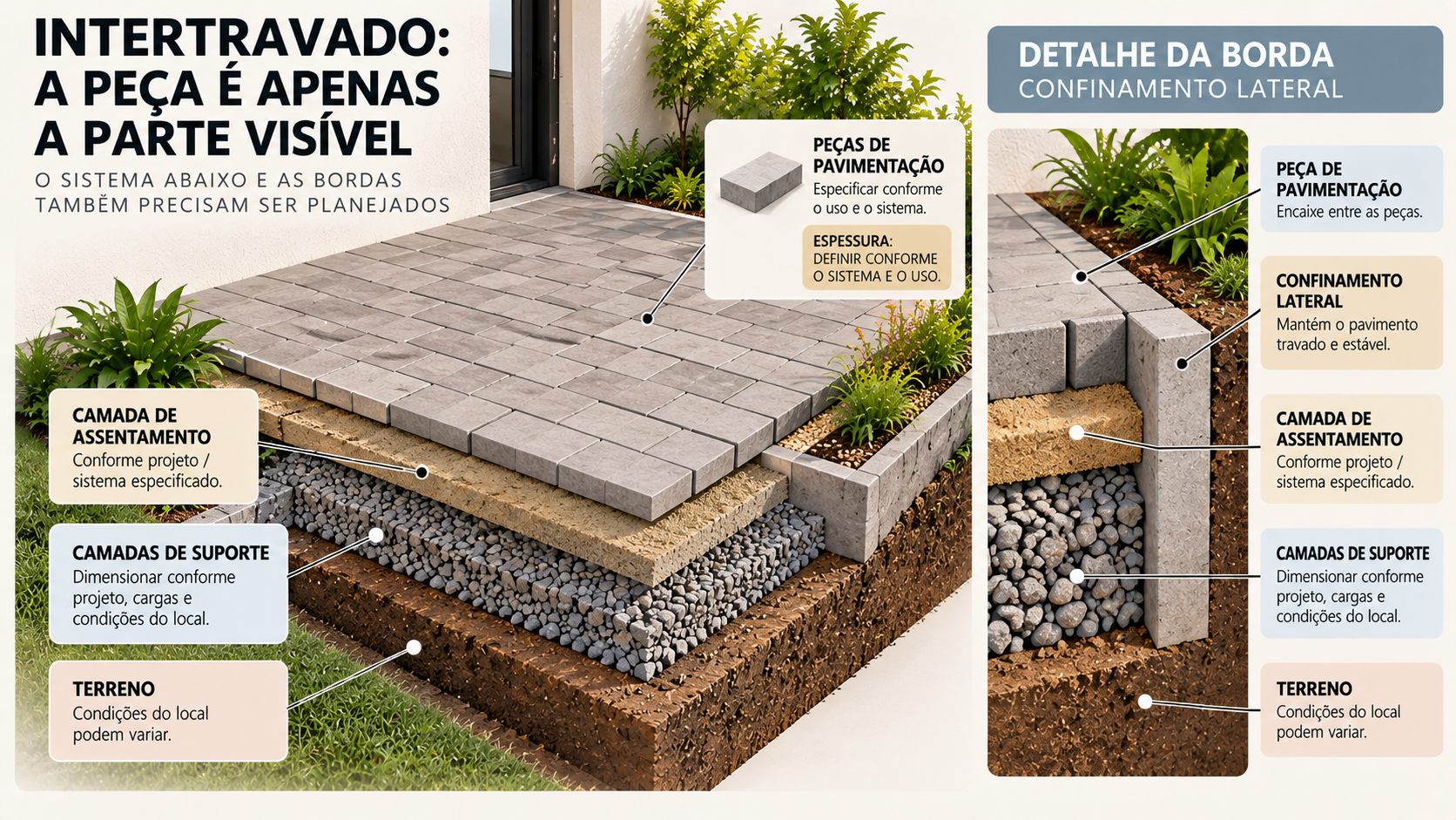 Axonométrica técnica de pavimento intertravado mostrando peças, assentamento, camadas de suporte, terreno e confinamento lateral