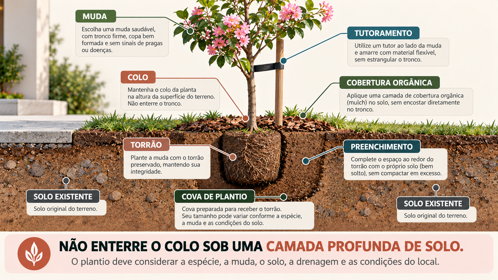 10 árvores com flores rosas para jardim: espécies e cuidados 17 Corte técnico mostrando plantio de árvore com colo, torrão, solo e tutoramento