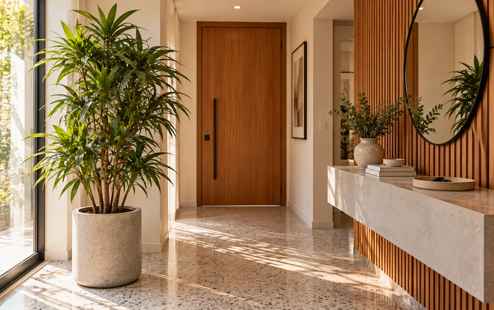 10 árvores para ambientes internos: como escolher a ideal 15 Pleomele-verde em vaso de concreto dentro de hall de entrada modernista com piso de granilite e painel de madeira ripada.