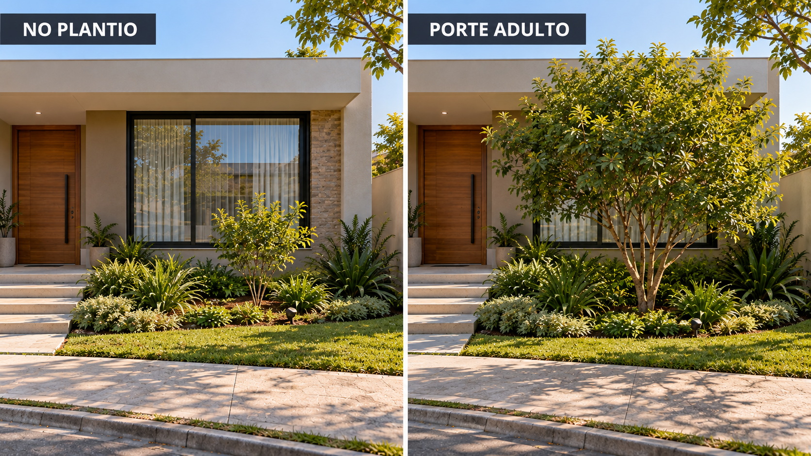 Jardim na Frente de Casa: Como Fazer + Ideias para se Inspirar 11 Comparação entre muda jovem e porte adulto de planta junto à fachada