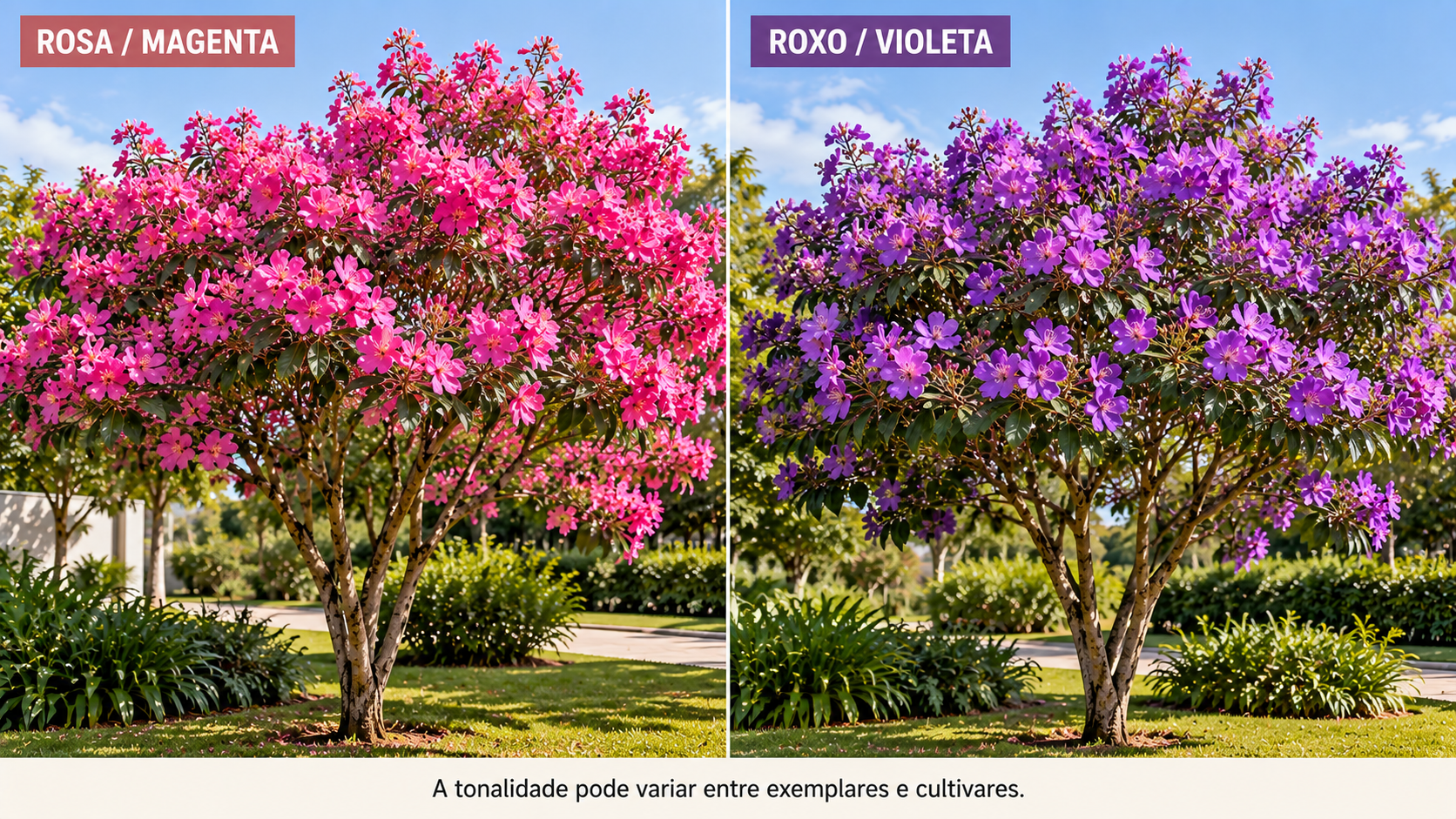 10 árvores com flores rosas para jardim: espécies e cuidados 6 Comparação de quaresmeiras com florações rosa-magenta e roxo-violeta