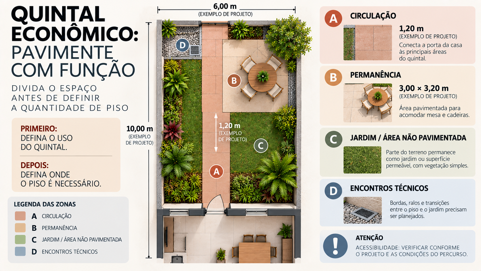 Planta didática de quintal econômico dividindo áreas de circulação, permanência, jardim e encontros técnicos