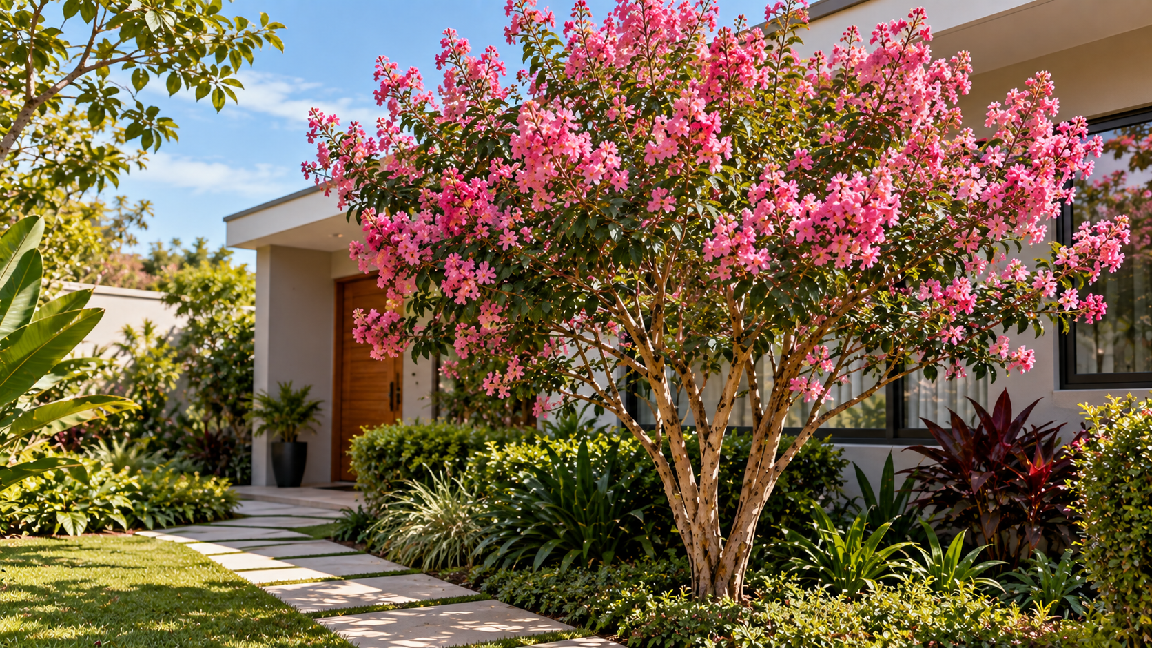 10 árvores com flores rosas para jardim: espécies e cuidados 9 Resedá Lagerstroemia indica com flores rosas em jardim residencial compacto