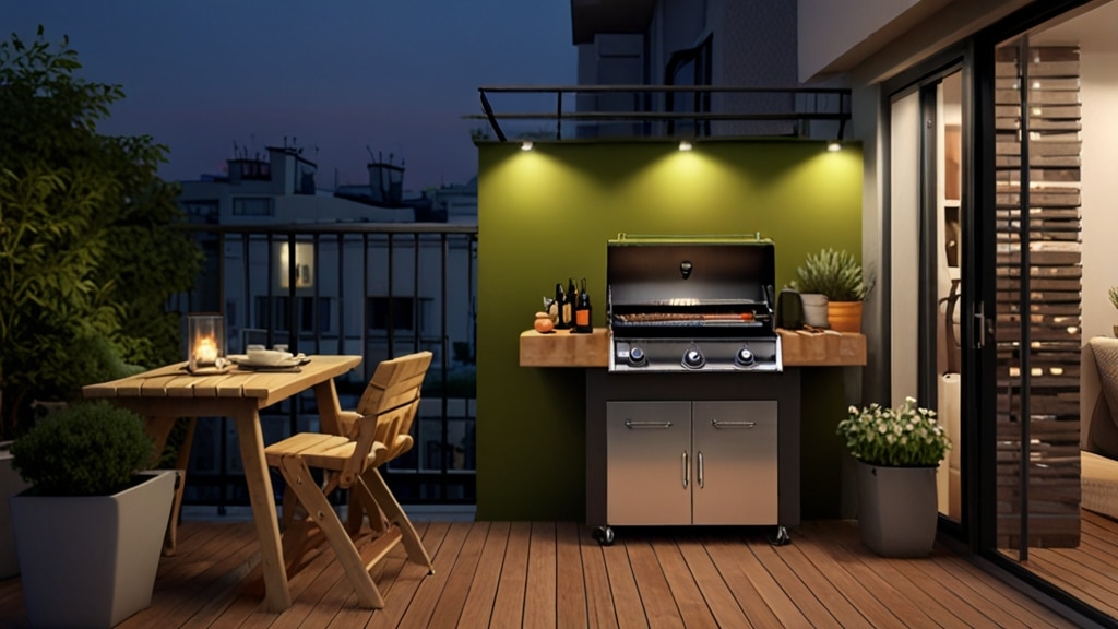 Transforme seu Espaço Pequeno: Dicas de Gourmet para Aproveitar Cada Metro! 9 Imagem de uma varanda gourmet com decoração vertical, incluindo prateleiras e utensílios de cozinha.