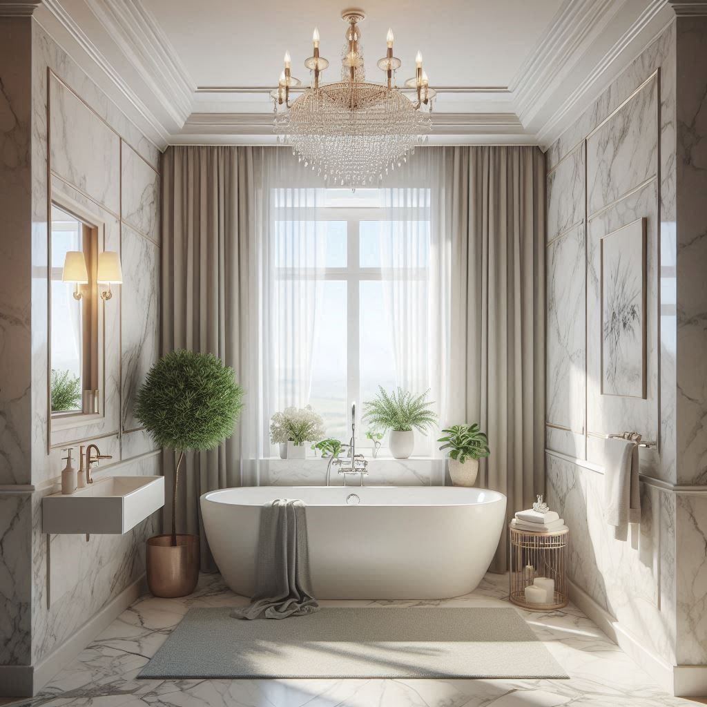 Descubra 15 Ideias Impressionantes para Transformar Seu Banheiro em um Espaço Luxuoso e Glamouroso! 3 Banheira independente como uma peça central, criando um espaço de spa em casa.