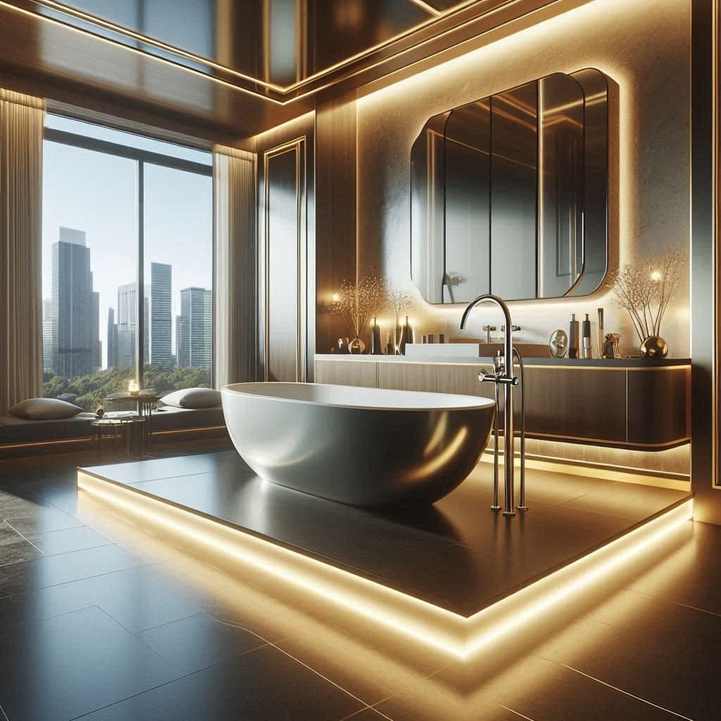 Descubra 15 Ideias Impressionantes para Transformar Seu Banheiro em um Espaço Luxuoso e Glamouroso! 5 Iluminação de destaque, como lustres ou pendentes, para criar uma atmosfera elegante.