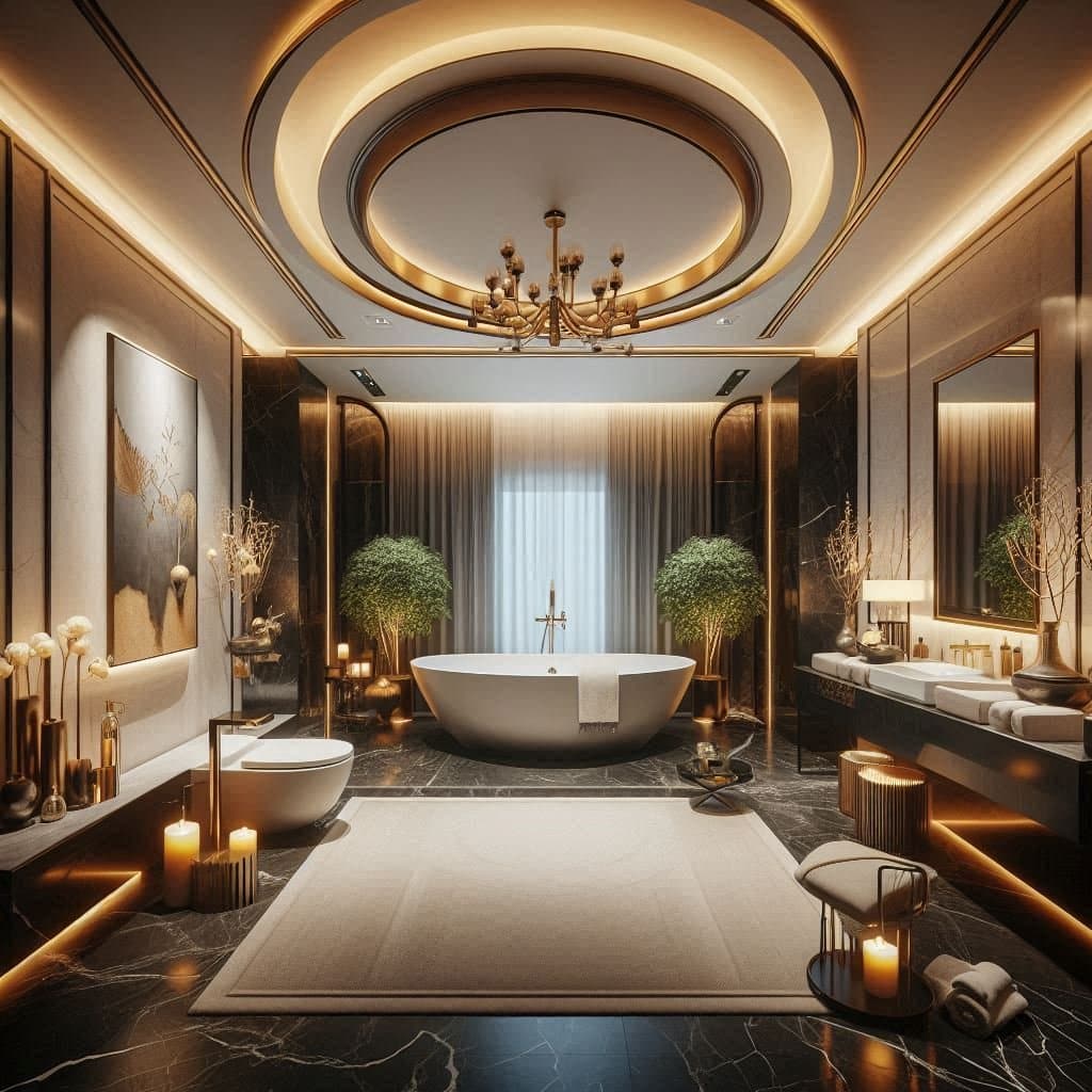 Descubra 15 Ideias Impressionantes para Transformar Seu Banheiro em um Espaço Luxuoso e Glamouroso! 7 Materiais como mármore e azulejos de alta qualidade para um toque sofisticado.