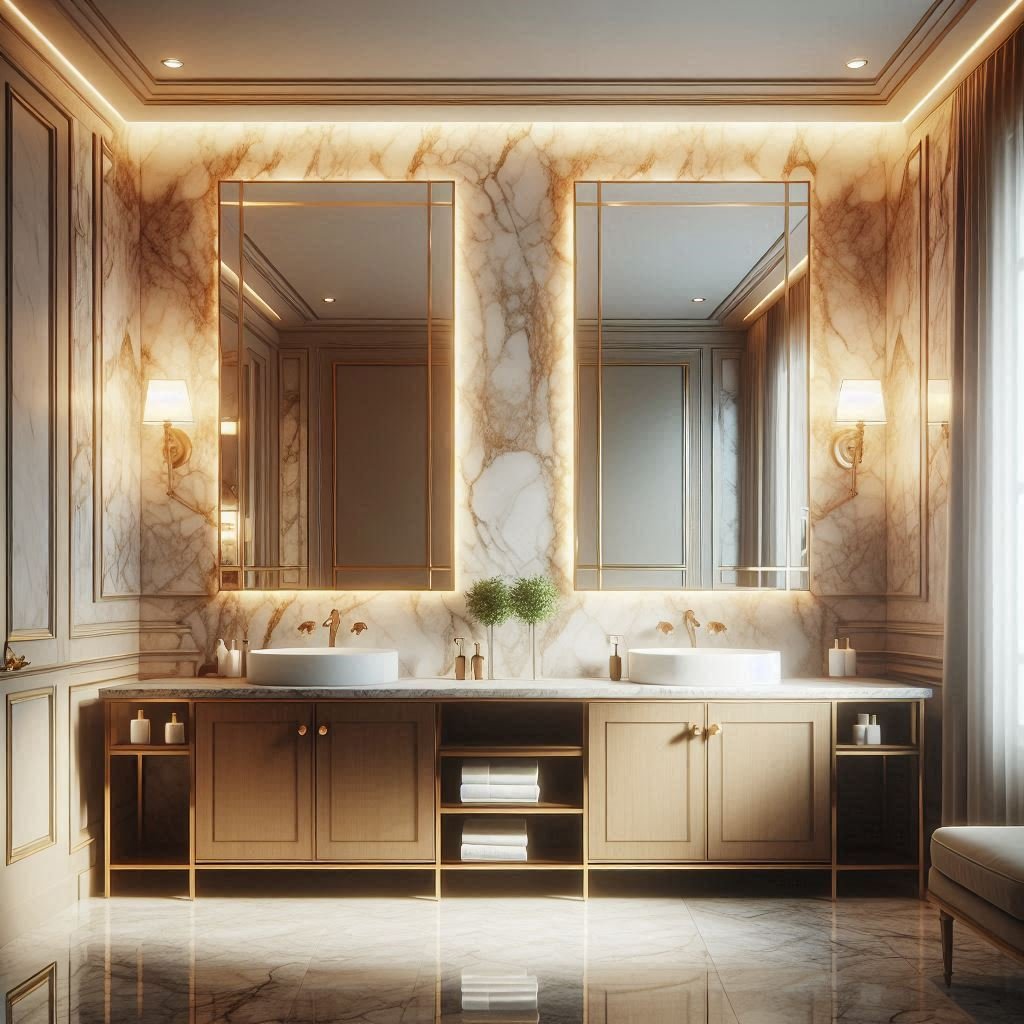 Descubra 15 Ideias Impressionantes para Transformar Seu Banheiro em um Espaço Luxuoso e Glamouroso! 1 Espelhos únicos que ampliam o espaço e realçam a luz natural.