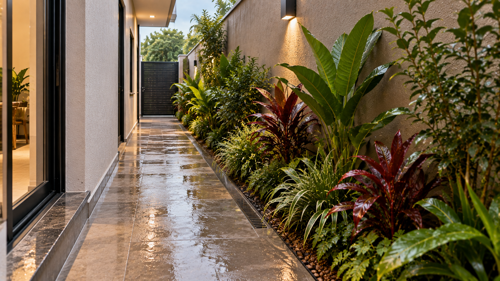 Jardim lateral estreito: como escolher plantas, piso e soluções para o corredor 4 Jardim lateral estreito com caminho, canteiro e solução de drenagem